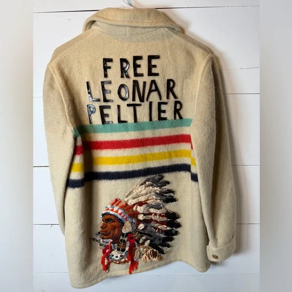 Vintage Hudson’s Bay Point Blanket Jacket – “Free Leonard Peltier” – Wool Coat - Picture 6 of 11